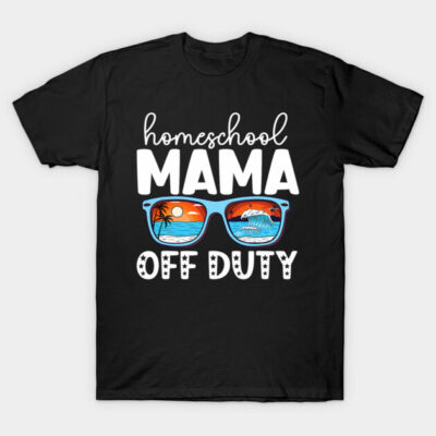 Black t-shirt with "Homeschool Mama Off Duty" text and colorful sunglasses graphic, casual wear, cotton material.