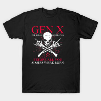 Black Gen X t-shirt with skull and crossbones design, red text, cotton material, casual style, unisex fit.