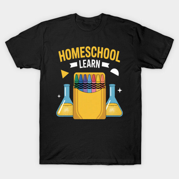 Black homeschool-themed T-shirt featuring colorful crayons and beakers, ideal for casual wear or educational events.