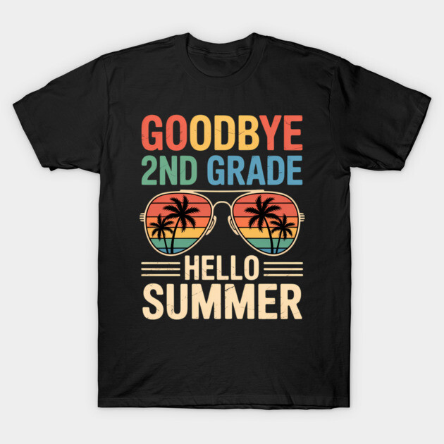 Black t-shirt with colorful "Goodbye 2nd Grade Hello Summer" text and palm tree sunglasses graphic, casual wear.