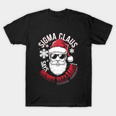 Black Christmas T-shirt featuring "Sigma Claus" text and festive design, perfect for holiday wear.