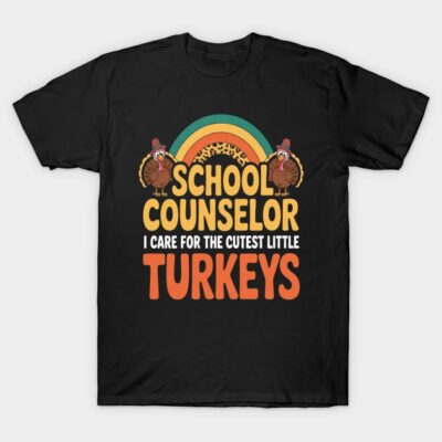 Black "School Counselor" T-shirt with colorful turkey design, humorous text, cotton material, casual wear.