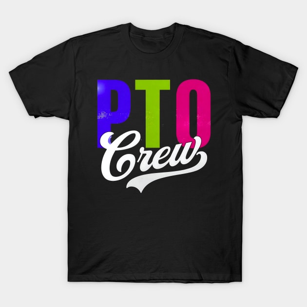 Black t-shirt with colorful "PTO Crew" graphic design, casual style, 100% cotton, ideal for everyday wear.