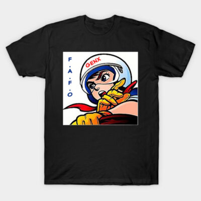 Black graphic t-shirt featuring retro comic-style racer design, ideal for casual wear, made from soft cotton blend.
