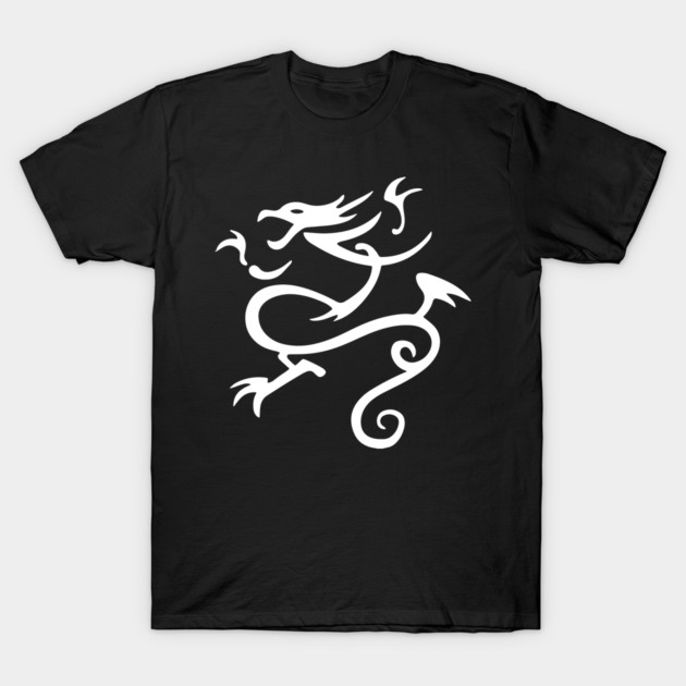 Black T-shirt with white tribal dragon design, casual style, cotton material, perfect for everyday wear.