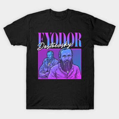 Black t-shirt featuring vibrant purple and blue graphic design with bold text, ideal for casual wear.