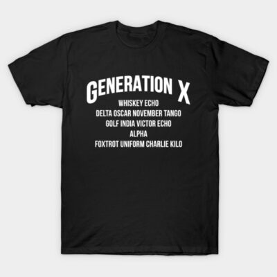 Black Generation X t-shirt with bold white text, casual unisex style, cotton fabric, perfect for everyday wear.