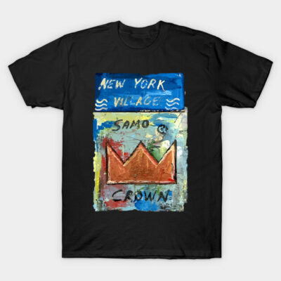 Black T-shirt featuring abstract art with a colorful crown design and "New York Village" text. Cotton material.