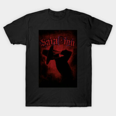 Black graphic t-shirt with red gothic design, featuring a mysterious silhouette and intricate text, cotton material.