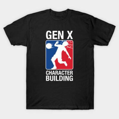 Black "Gen X Character Building" t-shirt with bold graphic print, casual style, cotton material, unisex design.