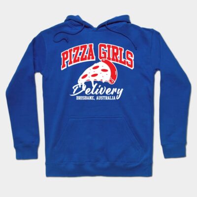 Blue hoodie with "Pizza Girls Delivery" print, casual style, cotton material, suitable for everyday wear.
