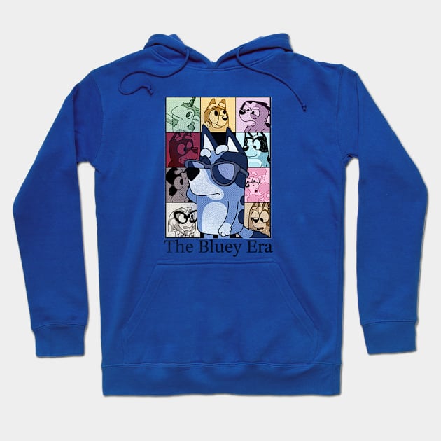 Blue hoodie with colorful graphic design, featuring cartoon dogs and text "The Bluey Era," casual and comfortable style.