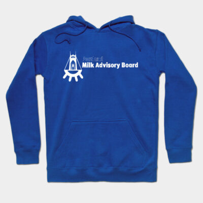 Blue hoodie with white "Portland Milk Advisory Board" print, cozy cotton material, casual wear, drawstring hood.