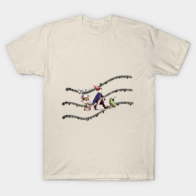 Cream-colored graphic tee with whimsical musical note design and cartoon characters, casual wear, cotton material.