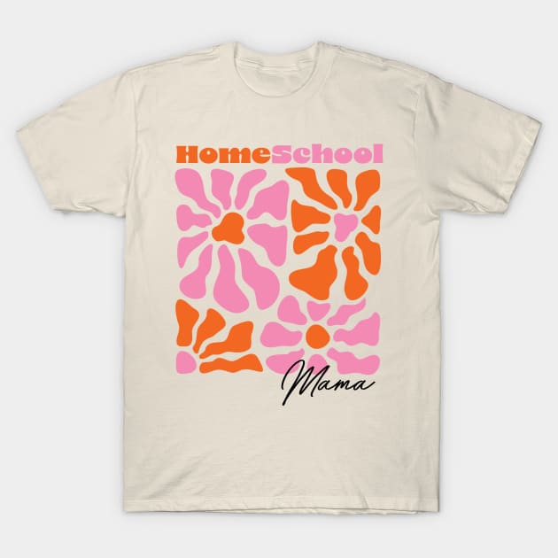 Cream t-shirt with pink and orange floral design, "Homeschool Mama" text, casual style, soft cotton material.