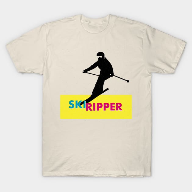 Cream t-shirt with black skier silhouette and colorful "Ski Ripper" text, perfect for winter sports enthusiasts.