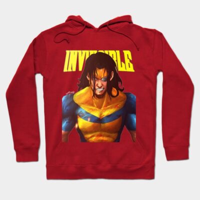 Red graphic hoodie with bold "Invincible" text, vibrant superhero illustration, casual wear, cotton blend material.