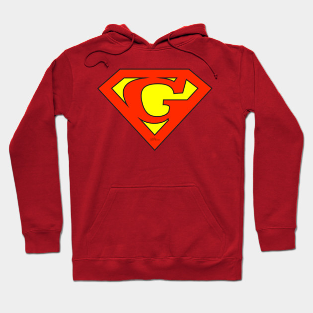 Super G Hoodie 1 Red hoodie with bold yellow-red emblem, casual style, cotton material, perfect for everyday wear.