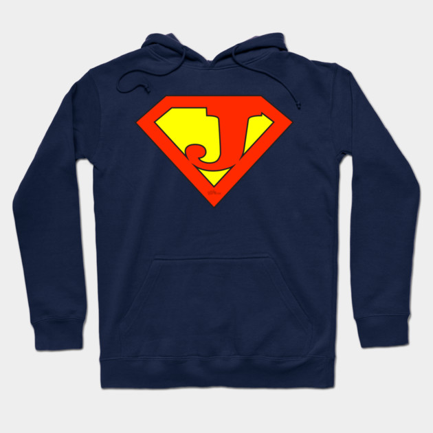 Super J Hoodie 1 Navy blue hoodie with red and yellow superhero logo, casual wear, cotton blend. Perfect for comfortable everyday style.