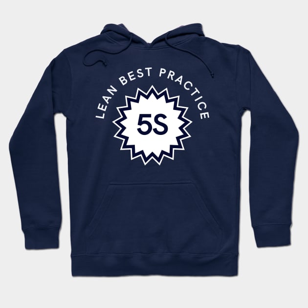 Navy blue hoodie with "Lean Best Practice 5S" design, cozy cotton material, ideal for casual wear.