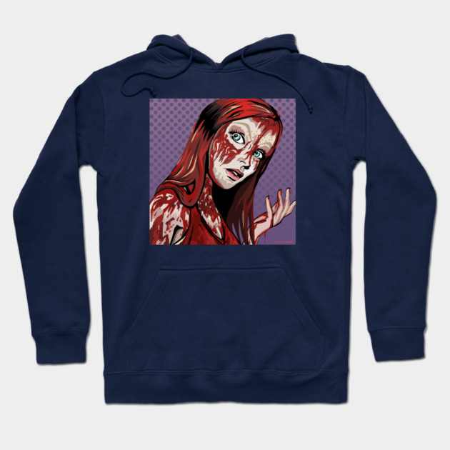 Navy blue hoodie with a pop art graphic of a surprised woman, featuring bold red and purple colors.