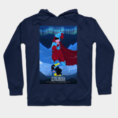Navy blue hoodie with superhero graphic, featuring vibrant red and blue colors, ideal for casual wear or gifting.