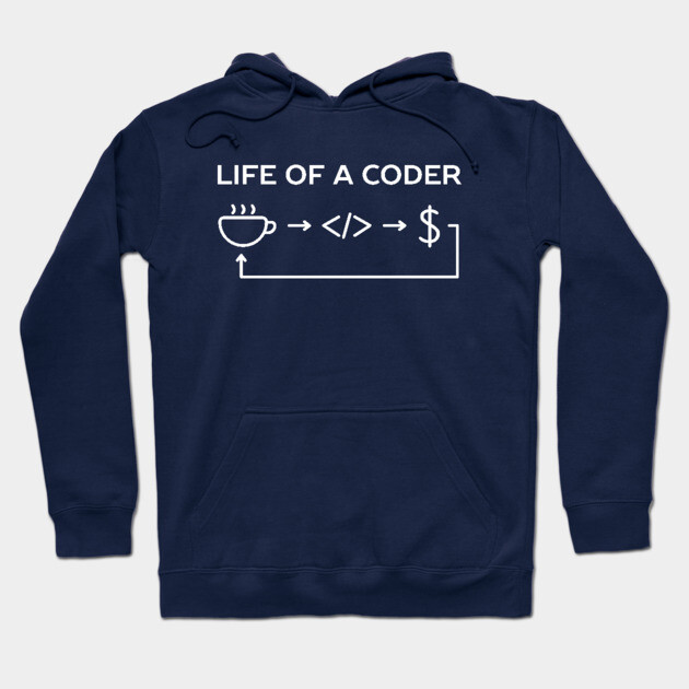 Navy blue hoodie with "Life of a Coder" text and graphic, ideal for programmers, cozy cotton blend material.