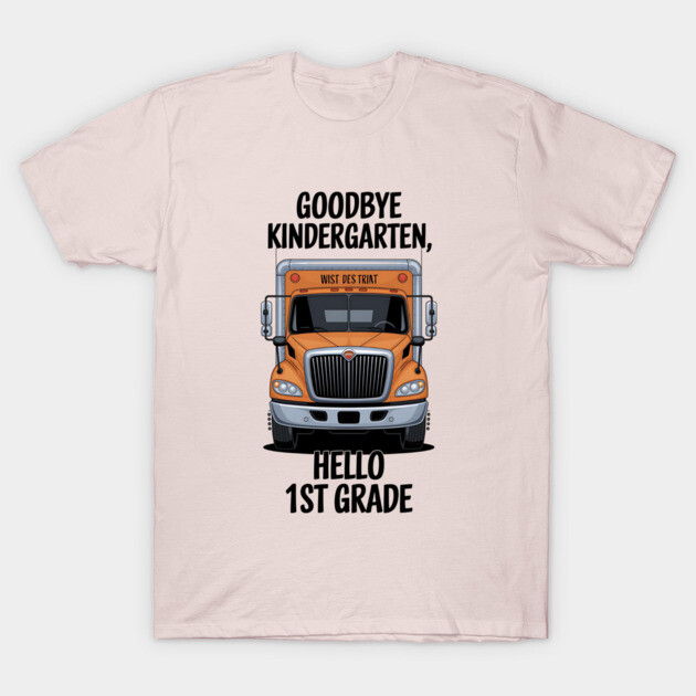 "Kids' pink t-shirt with school bus design, 'Goodbye Kindergarten, Hello 1st Grade' text, cotton, casual wear"