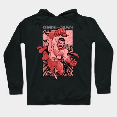 Black hoodie featuring a red superhero graphic design, perfect for casual wear and fans of comic book style.