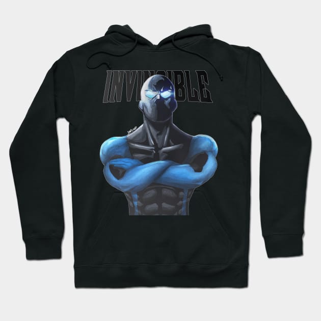 Black hoodie with bold graphic design, featuring blue and black superhero figure. Comfortable casual wear.