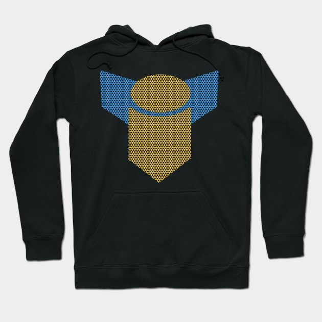 Black hoodie with blue and yellow geometric design, casual style, cotton material, perfect for everyday wear.
