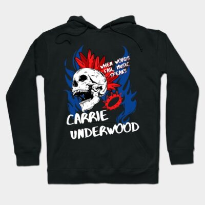 Black hoodie with skull and flame graphic, red and blue accents, music-themed design, cotton blend, casual wear.
