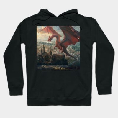 Black hoodie with a vibrant dragon print, fantasy cityscape design, cotton blend, casual wear.