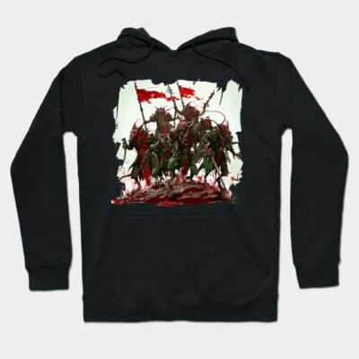 Black hoodie with warrior design, featuring vivid red and green accents. Perfect for casual wear or themed events.