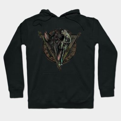 Black hoodie with artistic animal design, featuring a mystical symbol, comfortable cotton material, casual wear.