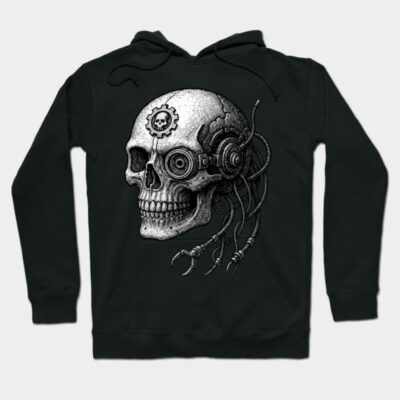 Black hoodie with cyber skull design, featuring gears and cables, cotton material, perfect for casual wear.