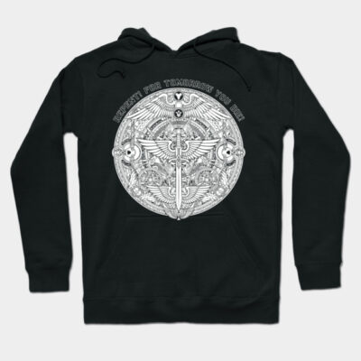 Black graphic hoodie with intricate white design and text, perfect for casual wear and comfort.
