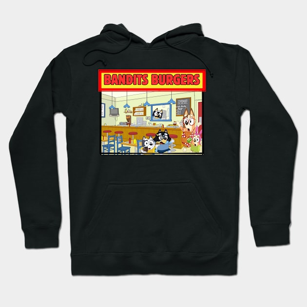 Black hoodie featuring colorful cartoon burger restaurant graphic, casual style, comfortable cotton material.