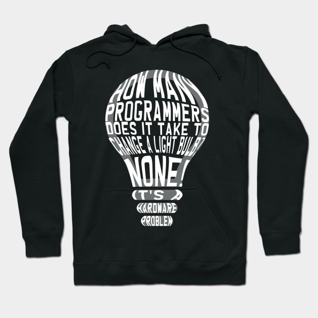 Black hoodie with light bulb graphic and humorous programmer text, perfect for tech enthusiasts, made from soft cotton.