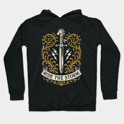 Black hoodie with "Ride the Storm" design featuring a sword and decorative gold accents, ideal for casual wear.