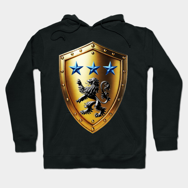 Black hoodie with gold shield design, featuring a lion and blue stars. Casual wear, cotton material, comfortable style.