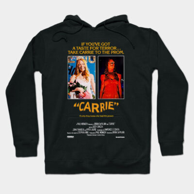 Black hoodie with vintage horror movie poster design, featuring bold text and colorful graphics. Cozy and stylish.