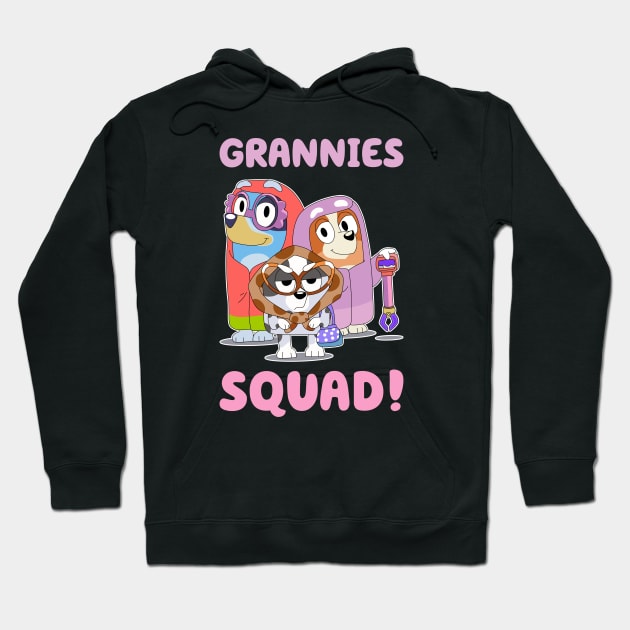 Black hoodie with colorful cartoon characters and "Grannies Squad" text, perfect for casual wear and comfort.
