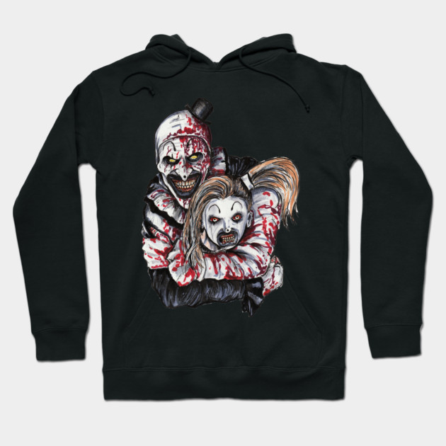 Black graphic hoodie featuring a horror-themed design with colorful, detailed illustrations for casual wear.