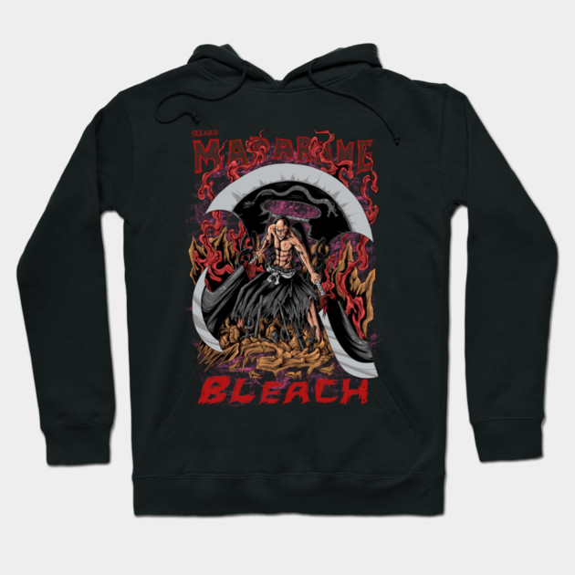 Black anime-inspired hoodie featuring bold graphic design with vibrant red and white details, perfect for casual wear.