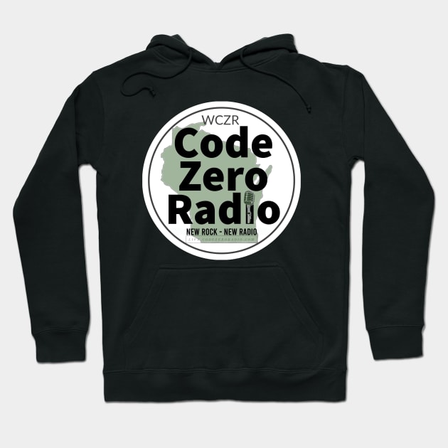 Black hoodie featuring "Code Zero Radio" logo, casual style, perfect for everyday wear, made from soft cotton blend.