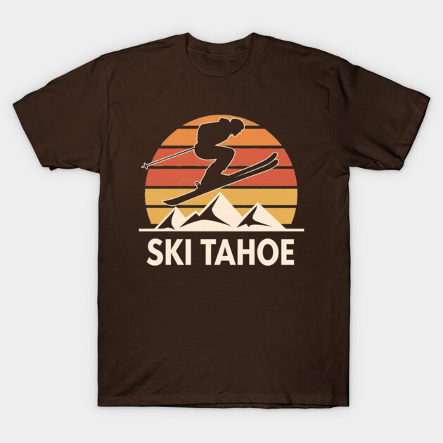 Brown "Ski Tahoe" T-shirt with vintage sunset design, featuring a skier silhouette, perfect for winter sports enthusiasts.