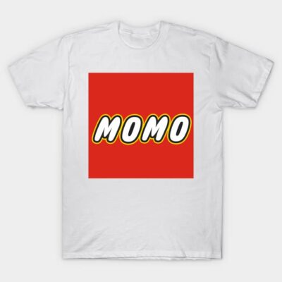 White t-shirt with red square and bold "MOMO" text, casual style, perfect for everyday wear.