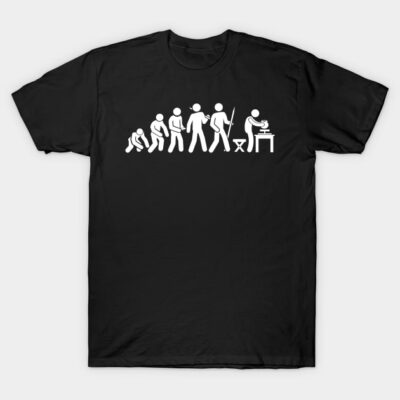 Black cotton t-shirt with white evolution graphic, casual style, perfect for everyday wear.
