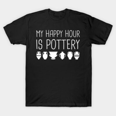 Black T-shirt with "My Happy Hour is Pottery" text and pottery graphics, casual wear, cotton material.
